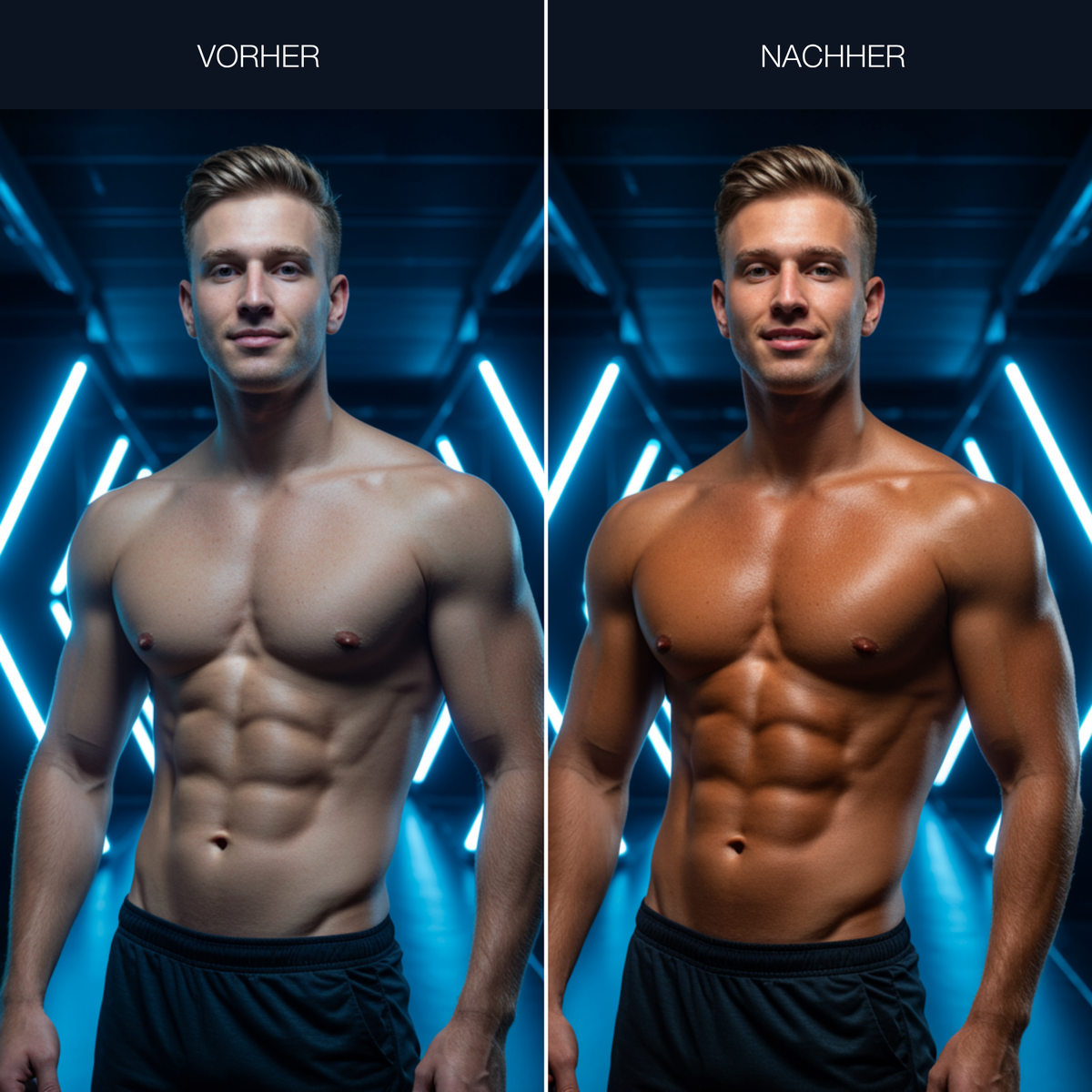 Vorher-Nachher-Vergleich nach der Anwendung von Onyx HE. Die Haut wirkt dunkler, gleichmäßig gebräunt und gepflegt.
