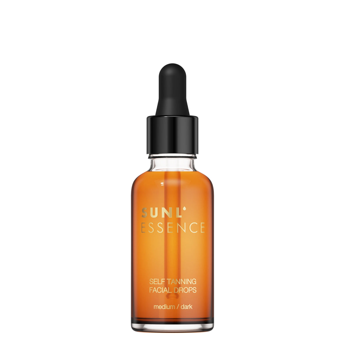 Produktfoto der SUNL ESSENCE Self Tanning Facial Drops in Glasflasche mit schwarzer Pipette auf weißem Hintergrund, Variante medium dark, Mittel Dunkel