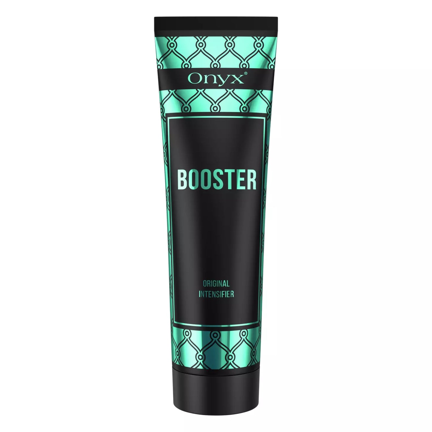 Onyx Tanning Booster Bräunungslotion 150 ml in türkis-schwarzem Design, freigestellt auf weißem Hintergrund zur Darstellung des Produkts