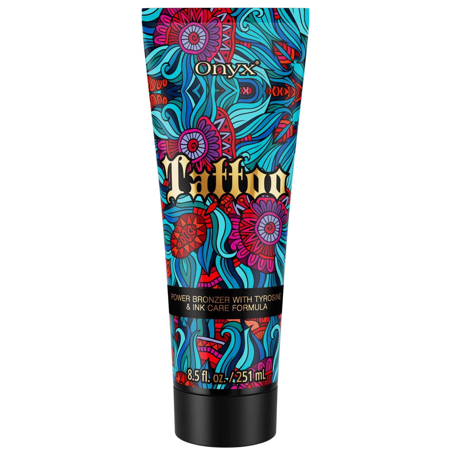Tattoo-Bräunungslotion mit Tyrosin von Onyx, Produktabbildung auf weißem Hintergrund, ideal zum Schutz und zur Pflege tätowierter Haut beim Sonnen