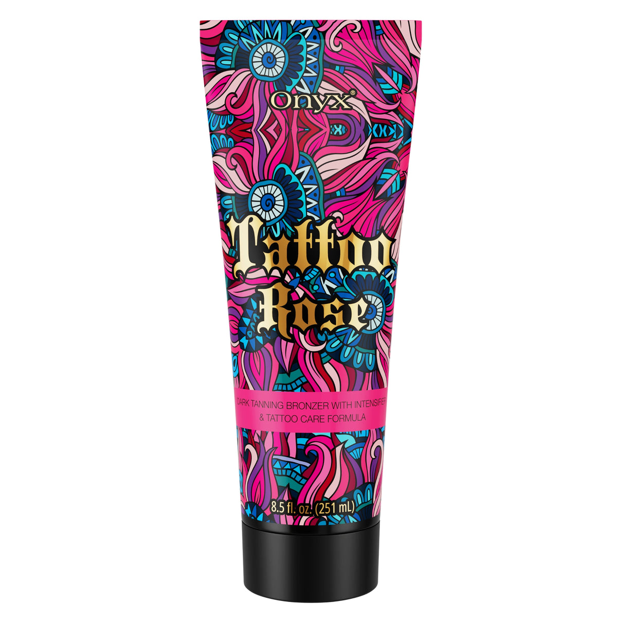 Produktaufnahme der Onyx Tattoo Rose Bräunungscreme mit buntem Muster und schwarzem Verschluss auf weißem Hintergrund