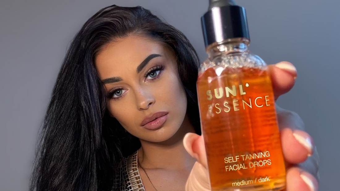 a tanned woman holding Onyx self-tanning drops, sunless tanning lotion
