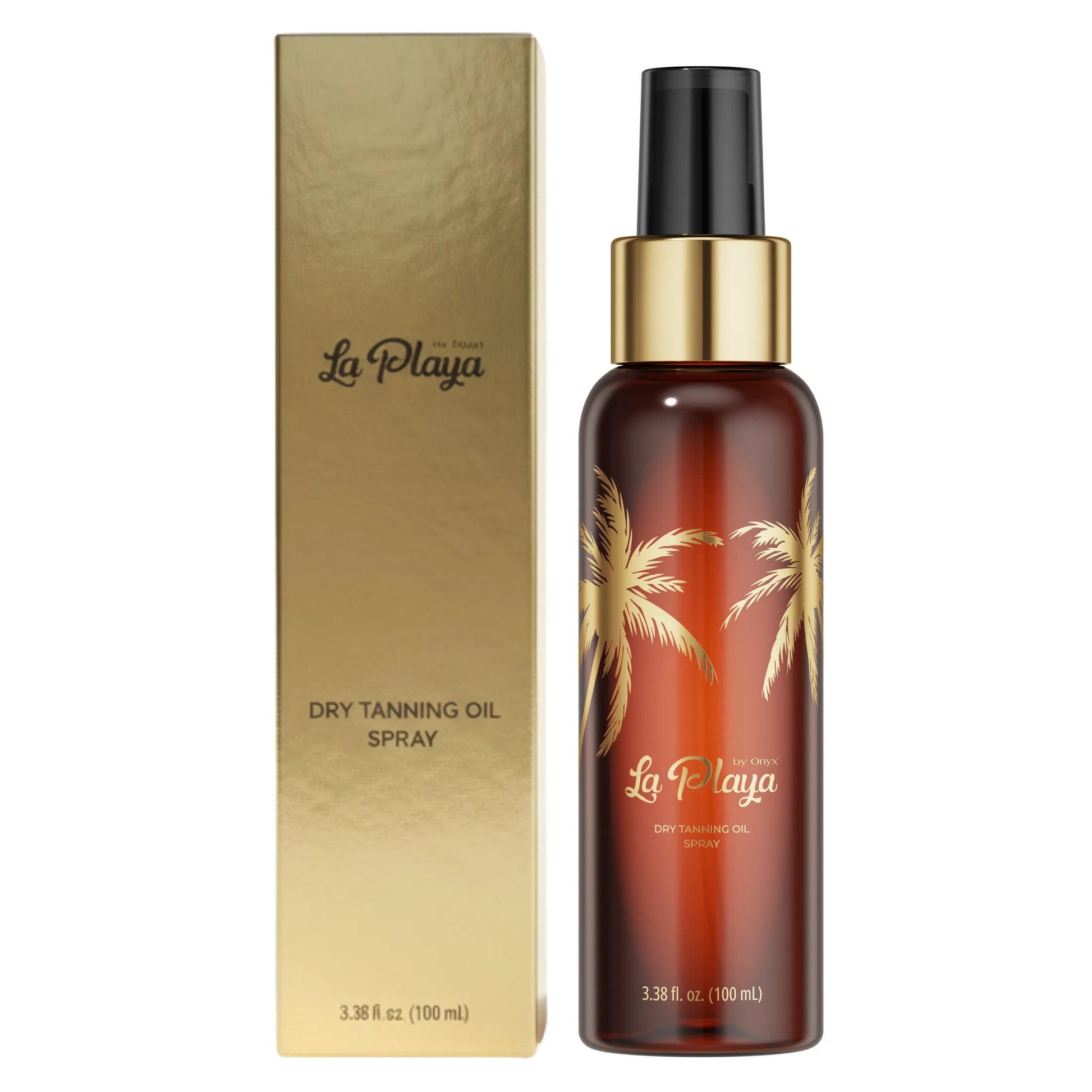La Playa dry tanning oil spray bottle and packaging on a white background