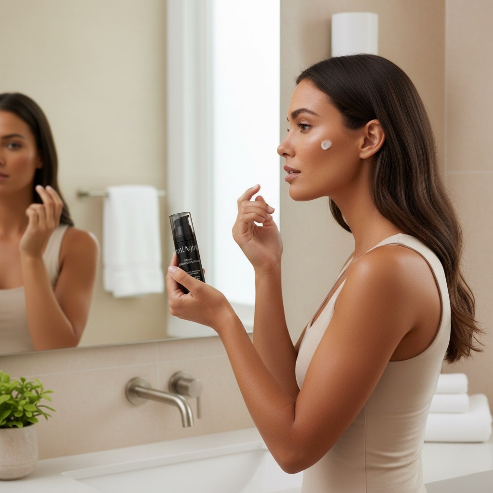 Frau steht vor einem Spiegel und trägt Onyx AntiAging Gesichtsbräunungscreme auf, Teil ihrer täglichen Bräunungs- und Pflege-Routine