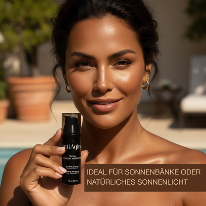 Frau mit gebräunter, gepflegter Haut hält Onyx AntiAging Gesichtscreme in der Hand und genießt die Sonne, natürliches Bräunungsergebnis sichtbar