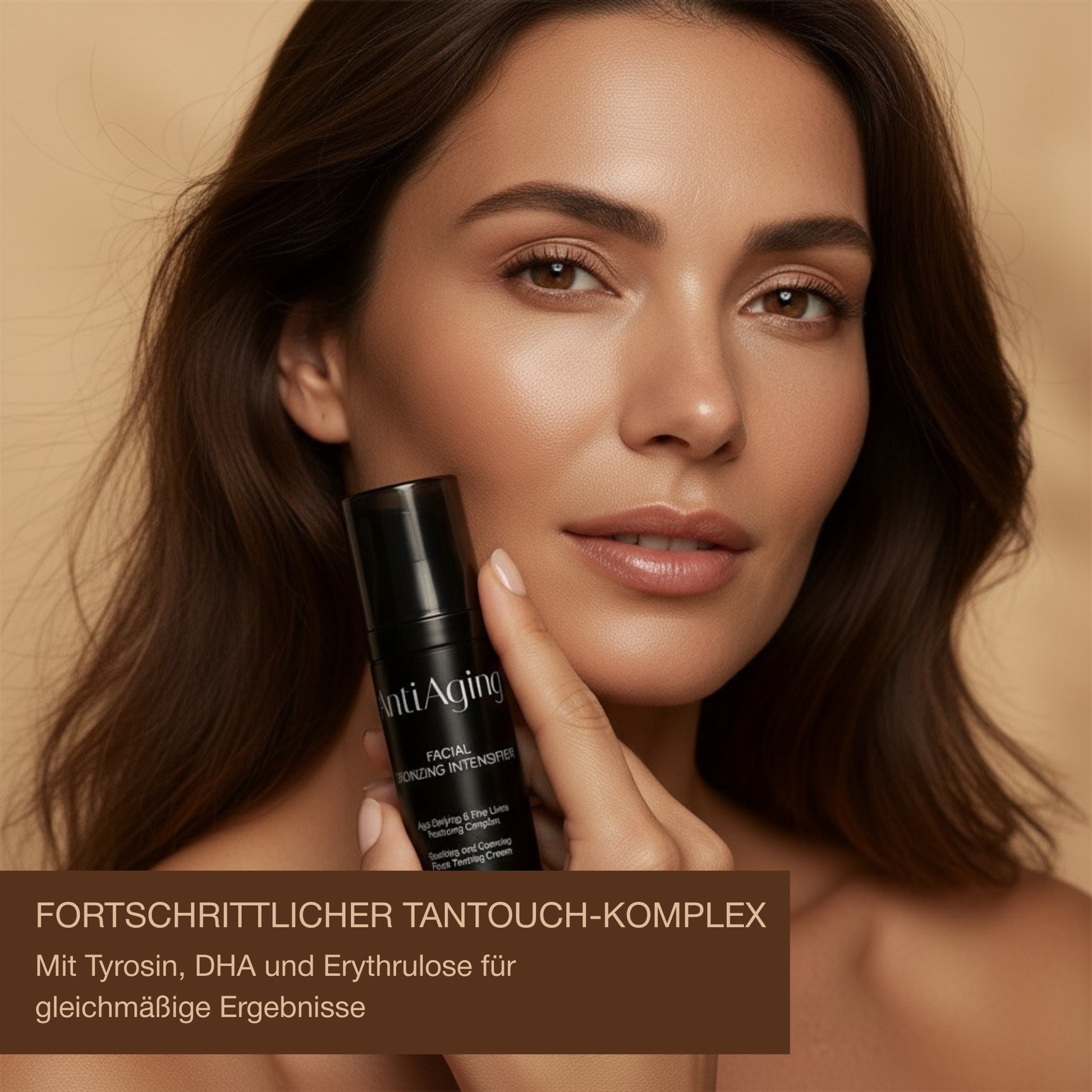 Frau hält Onyx AntiAging Gesichtscreme, daneben Text mit Hauptinhaltsstoffen Tyrosin, DHA und Erythrulose für gleichmäßige Bräunung und Anti-Aging-Effekt