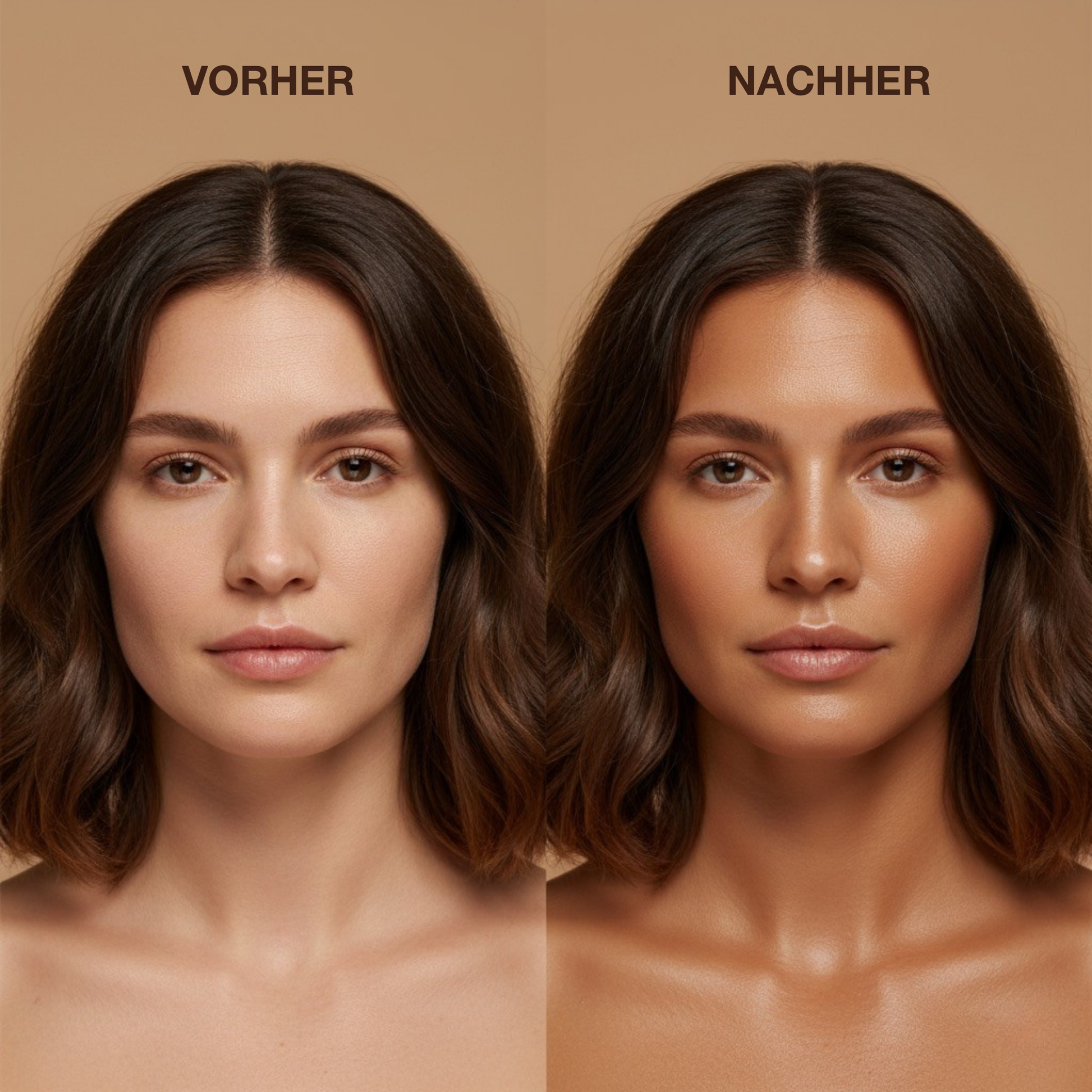 Zwei Gesichter im Vergleich, links heller natürlicher Teint, rechts goldene Bräune nach Verwendung der Onyx AntiAging Bräunungscreme