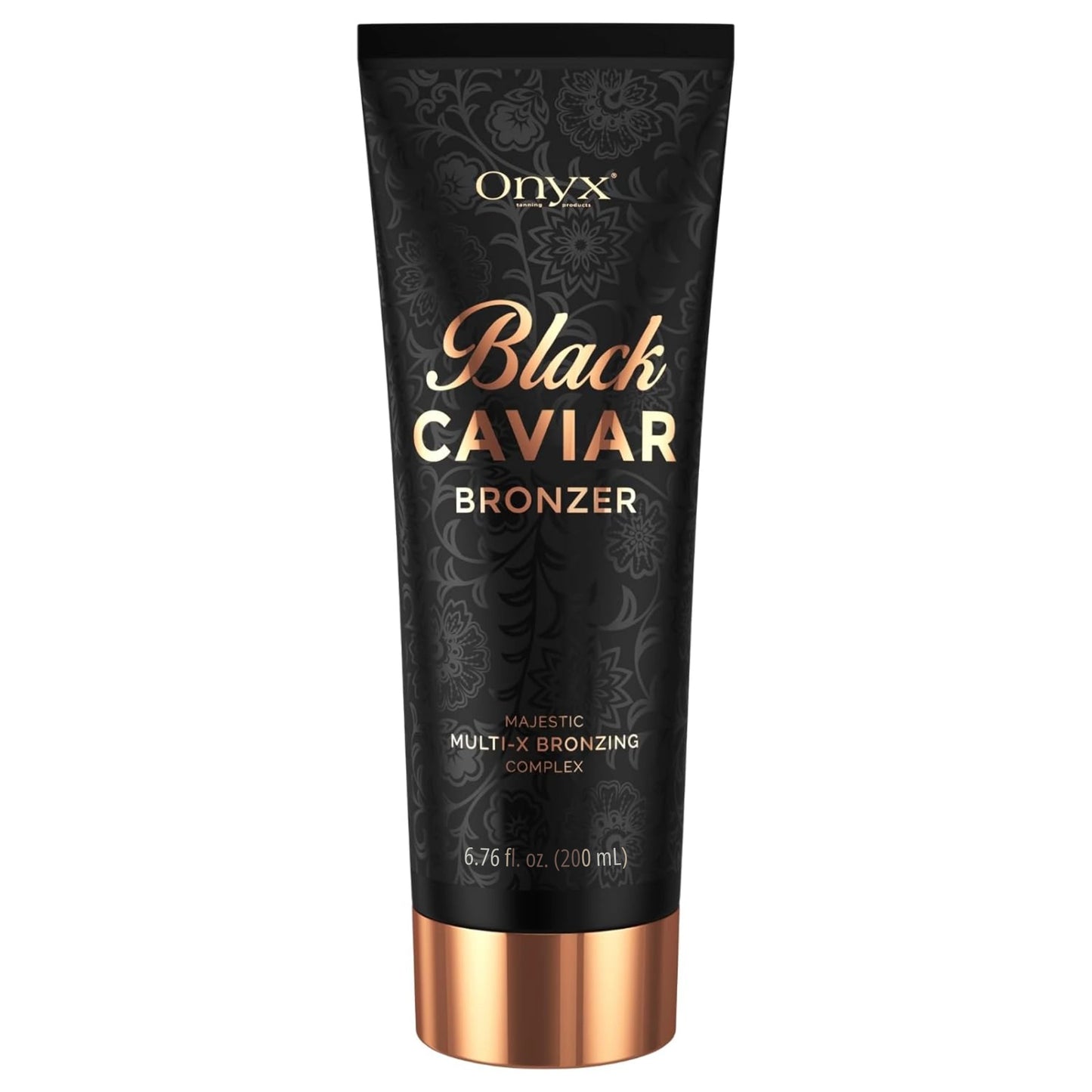 Produktaufnahme der Onyx Black Caviar Bräunungslotion in 200 ml Tube, zeigt elegantes Design für intensive Bräunung
