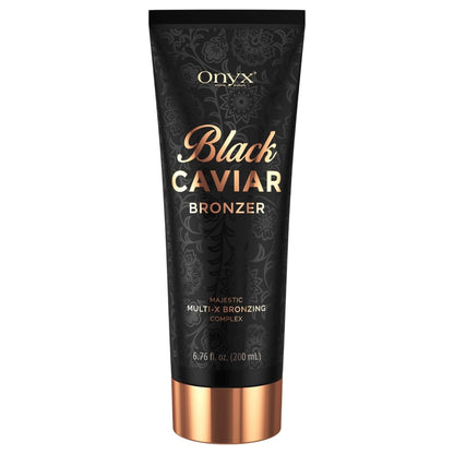 Produktaufnahme der Onyx Black Caviar Bräunungslotion in 200 ml Tube, zeigt elegantes Design für intensive Bräunung