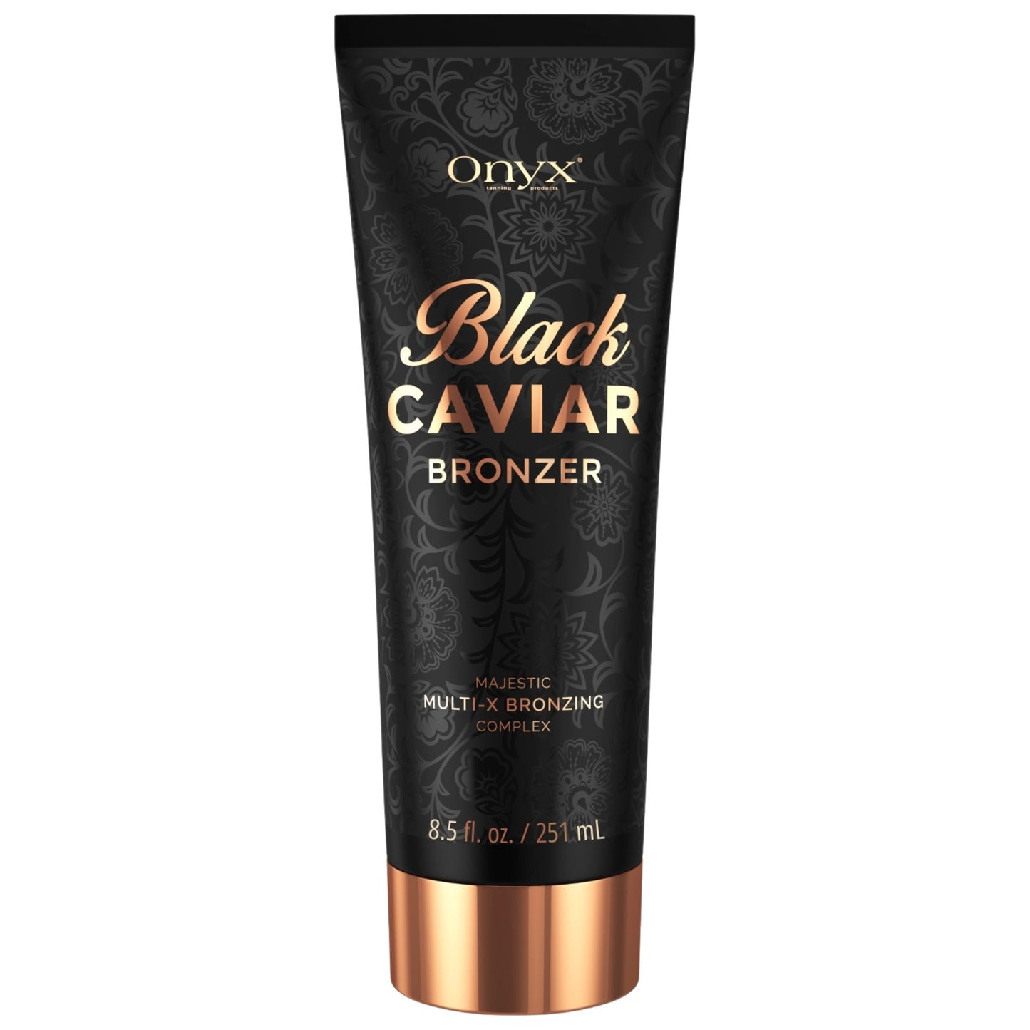 Freigestelltes Produktfoto der Onyx Black Caviar Bräunungslotion 251ml mit schwarzem Musterdesign und kupferfarbener Kappe