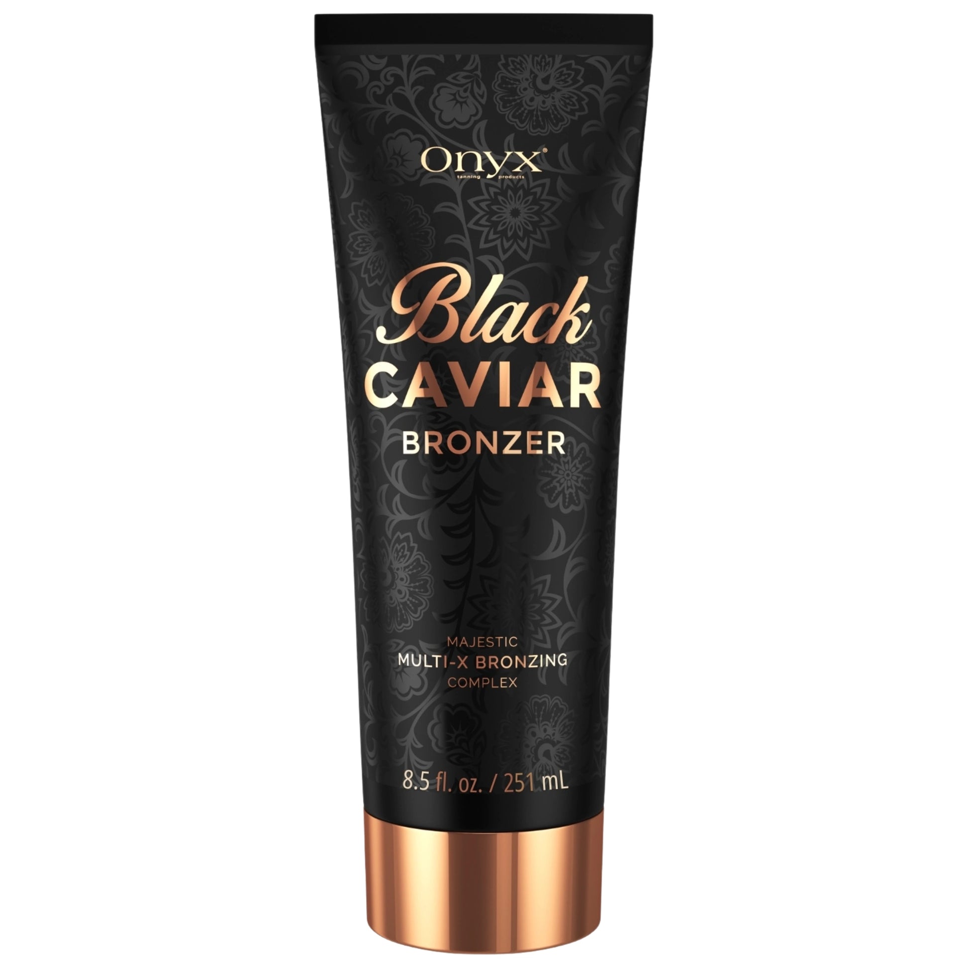 Freigestelltes Produktfoto der Onyx Black Caviar Bräunungslotion 251ml mit schwarzem Musterdesign und kupferfarbener Kappe
