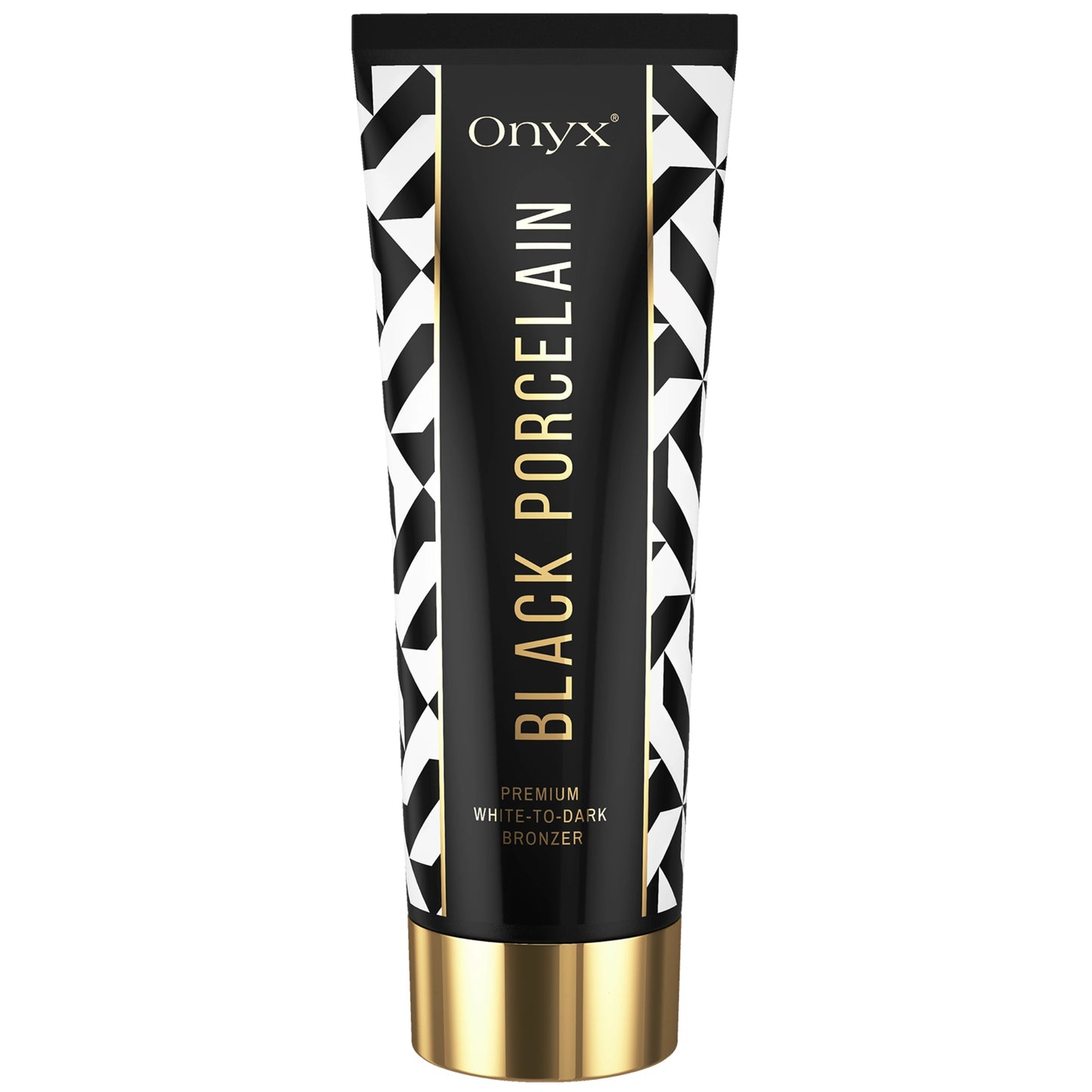Nahaufnahme der Onyx Black Porcelain Bräunungscreme Tube auf weißem Hintergrund