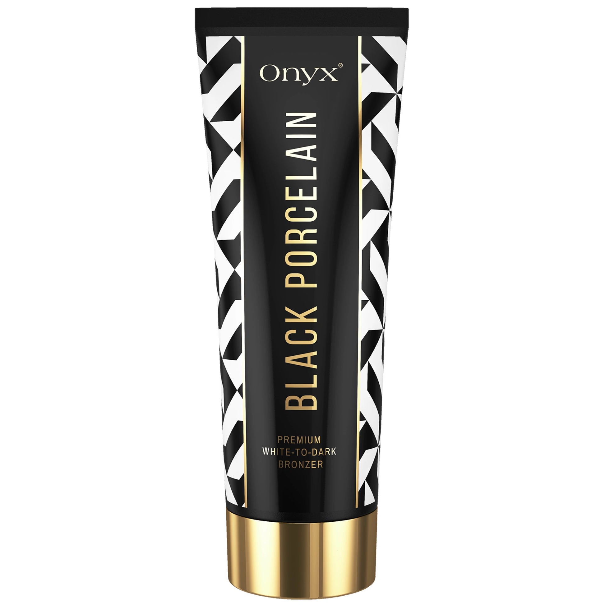 Nahaufnahme der Onyx Black Porcelain Bräunungscreme Tube auf weißem Hintergrund