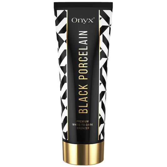 Hauptbild der Onyx Black Porcelain Bräunungslotion mit edlem Schwarz-Weiß-Gold-Design, Premium White-to-Dark Bronzer für das Solarium