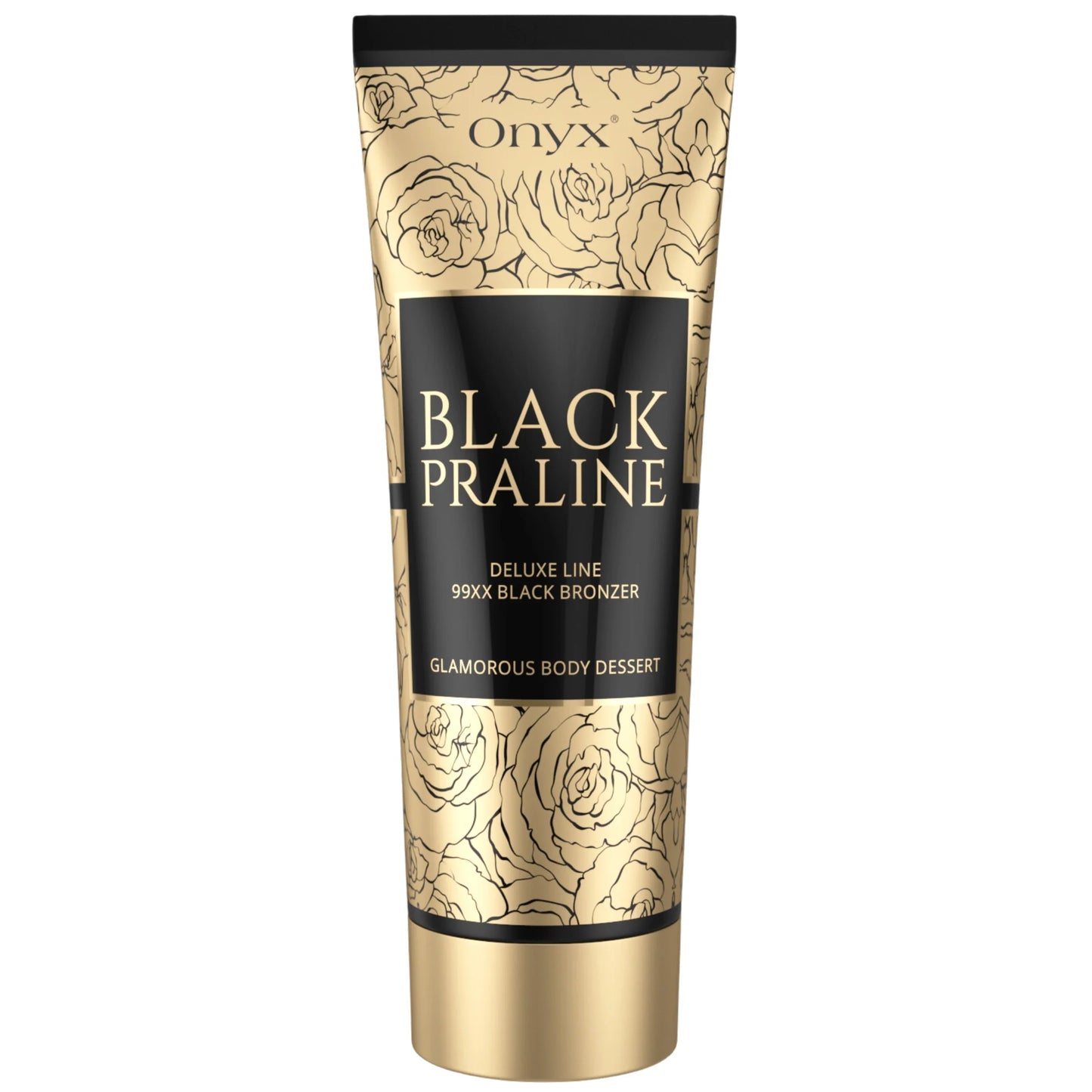 Produktaufnahme der Onyx Black Praline Bräunungscreme in goldener Tube mit floraler Verzierung auf hellem Hintergrund