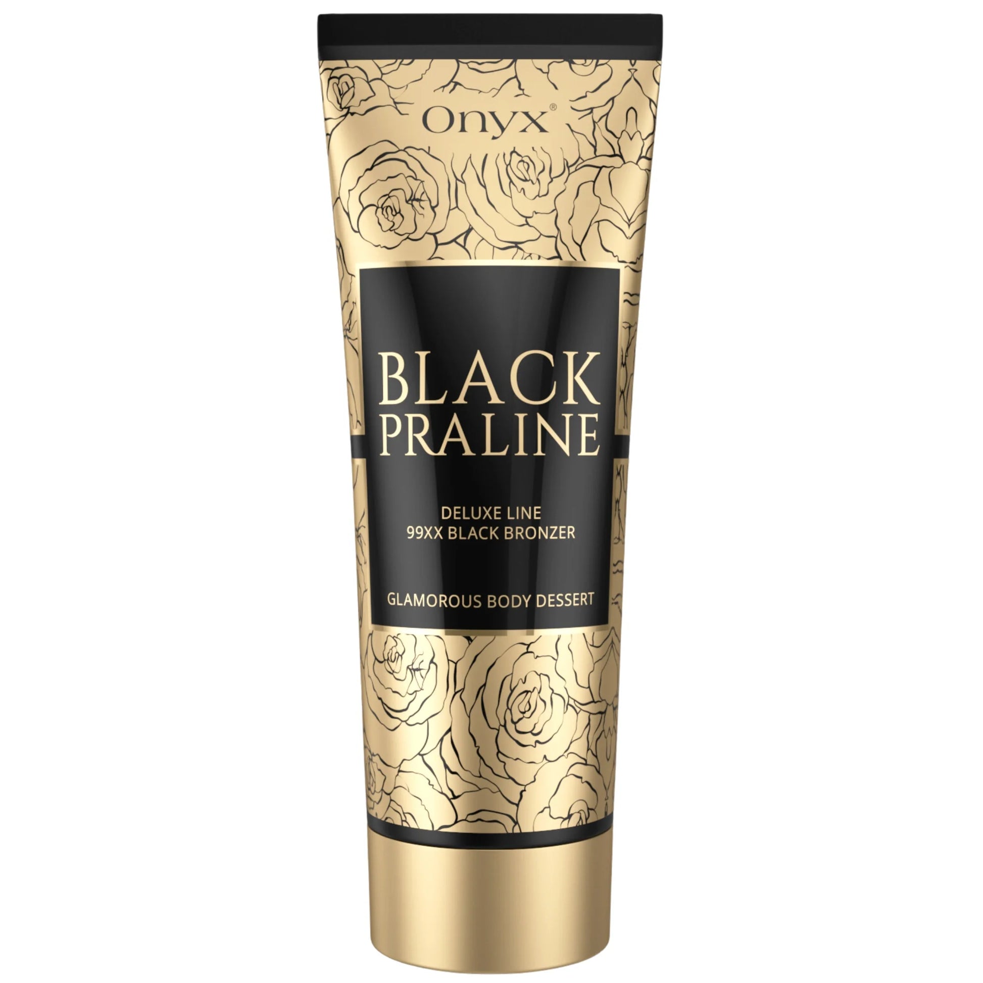 Produktaufnahme der Onyx Black Praline Bräunungscreme in goldener Tube mit floraler Verzierung auf hellem Hintergrund