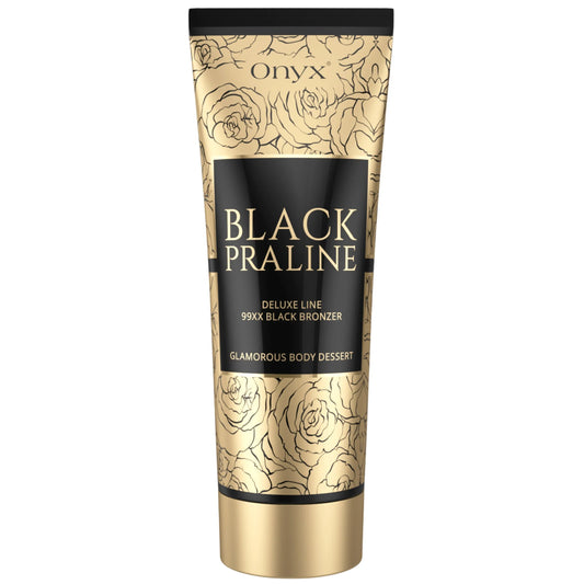 Produktaufnahme der Onyx Black Praline Bräunungscreme in goldener Tube mit floraler Verzierung auf hellem Hintergrund