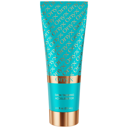 Türkis-goldene Tube Onyx Bräunungsbeschleuniger Creme steht auf weißem Hintergrund