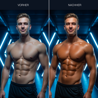 Vorher-Nachher-Vergleich nach der Anwendung von Onyx HE. Die Haut wirkt dunkler, gleichmäßig gebräunt und gepflegt.