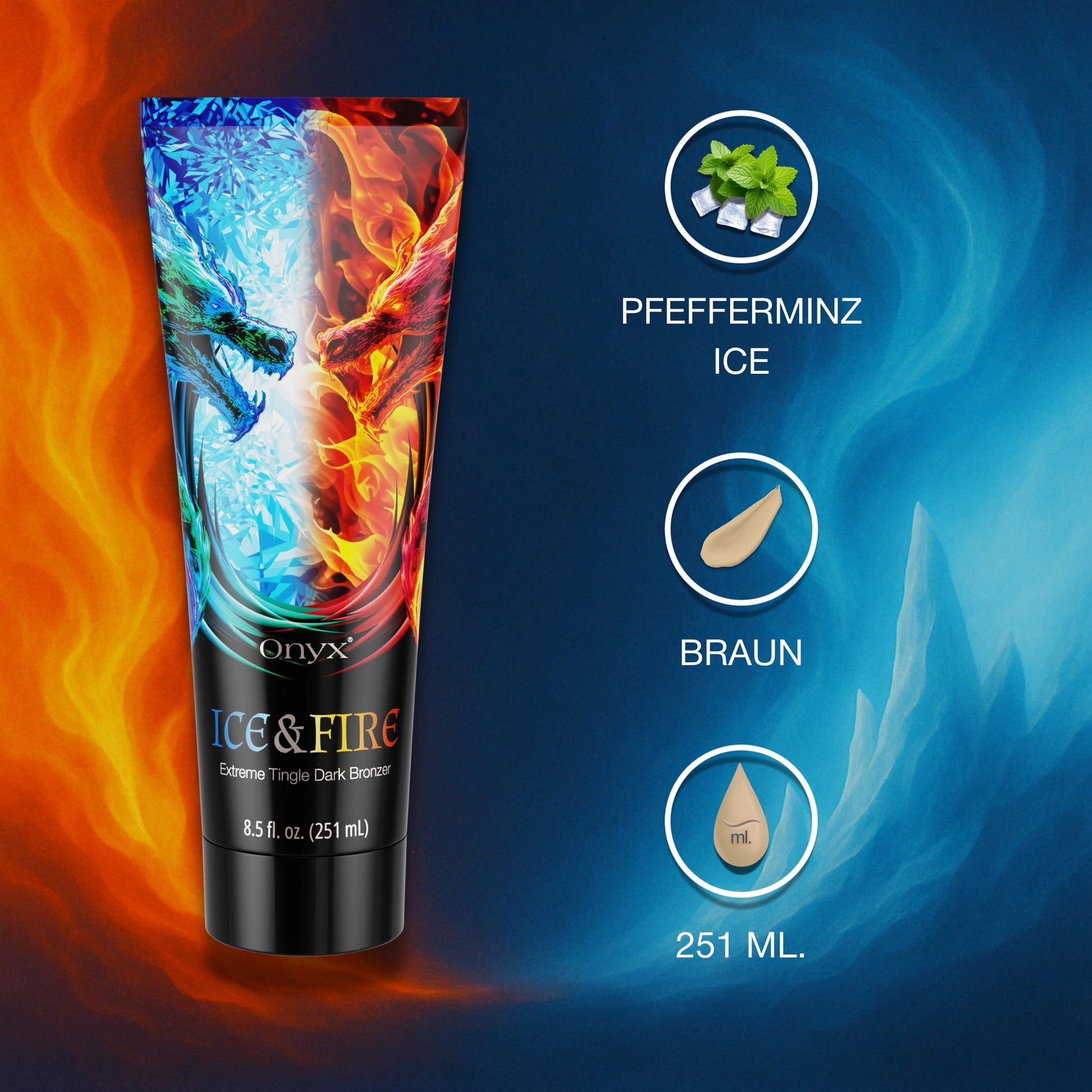 Produktabbildung der Onyx Ice & Fire Bräunungscreme mit Hinweisen zu Farbe, Duft und Inhalt