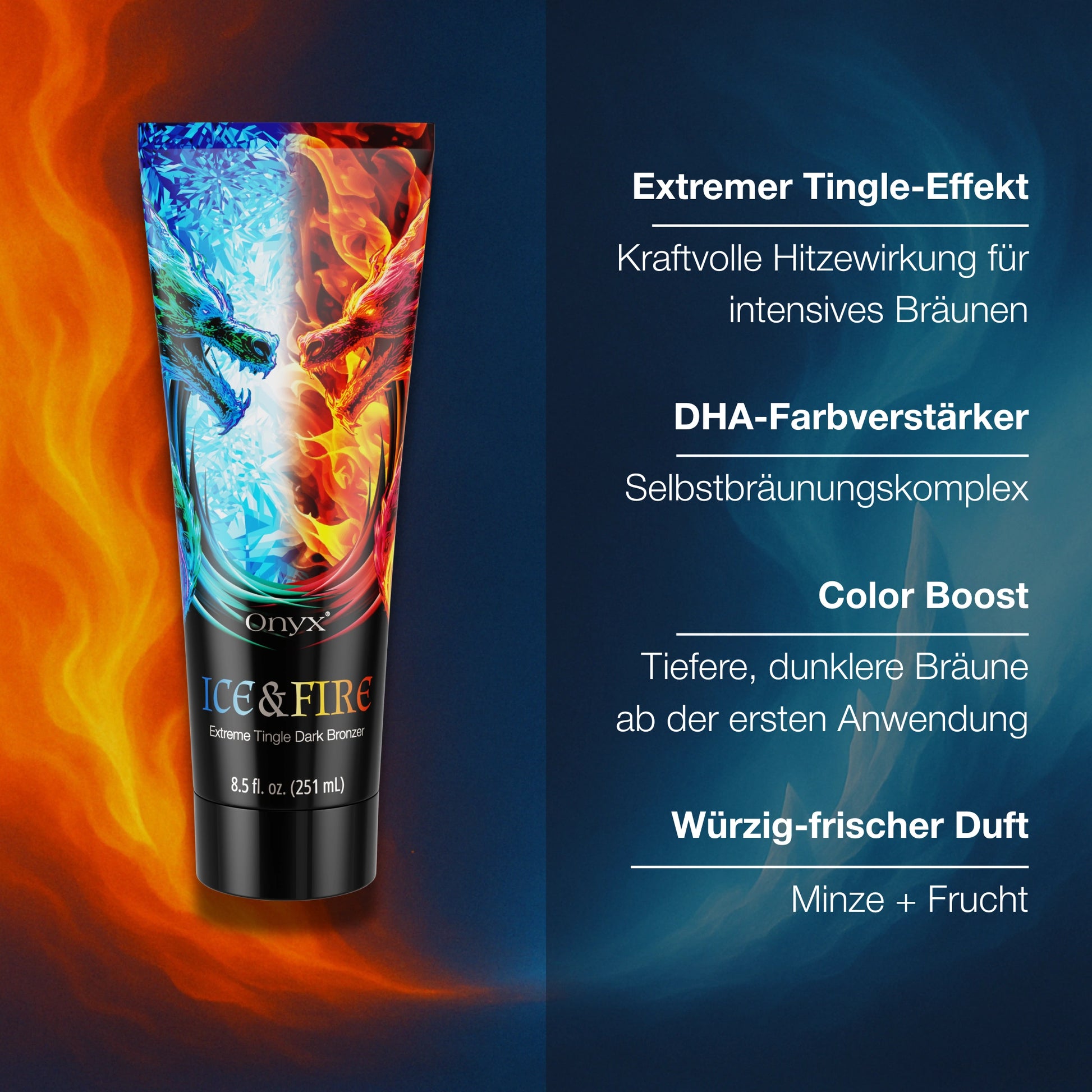 Onyx Ice & Fire Bräunungscreme mit Produktvorteilen wie Tingle-Effekt, DHA-Komplex und Minzduft dargestellt