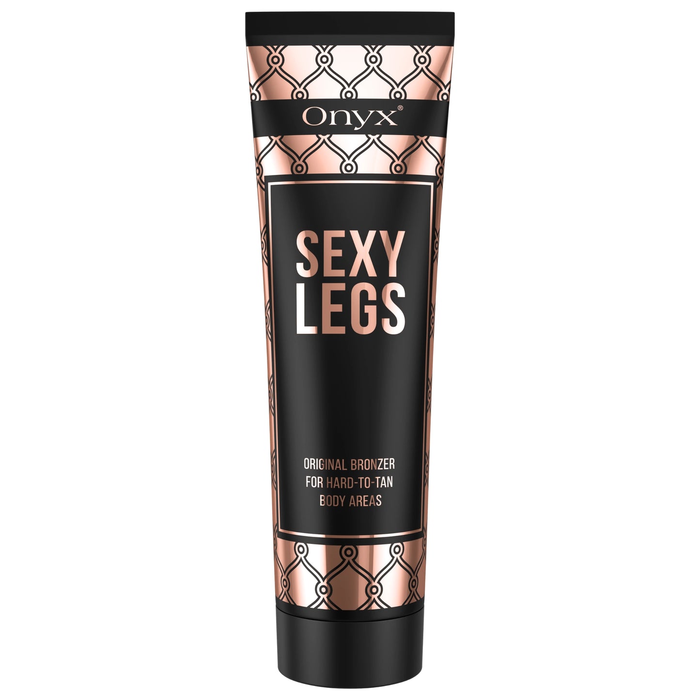 Produktabbildung der Onyx Sexy Legs Bräunungslotion mit Original Bronzer, speziell für schwer zu bräunende Körperstellen wie Beine, geeignet für Sonnenbank und Outdoor