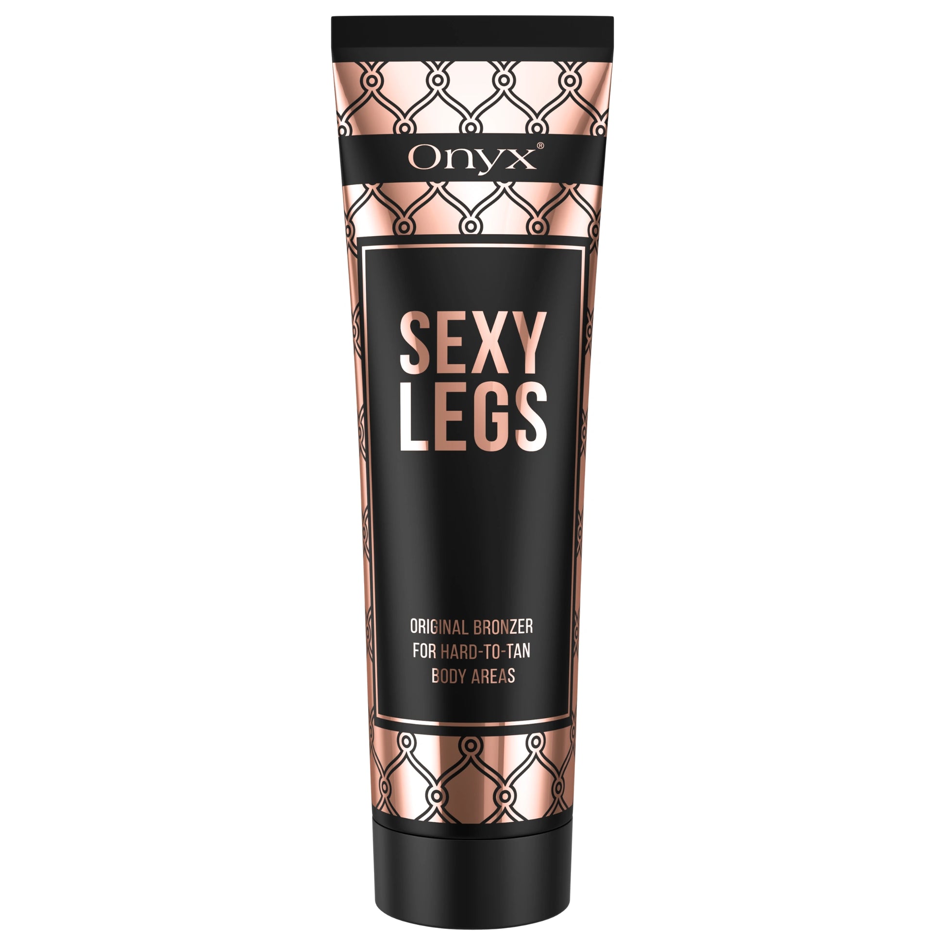 Produktabbildung der Onyx Sexy Legs Bräunungslotion mit Original Bronzer, speziell für schwer zu bräunende Körperstellen wie Beine, geeignet für Sonnenbank und Outdoor