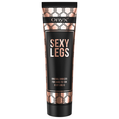 Produktabbildung der Onyx Sexy Legs Bräunungslotion mit Original Bronzer, speziell für schwer zu bräunende Körperstellen wie Beine, geeignet für Sonnenbank und Outdoor