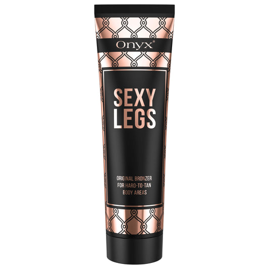 Produktabbildung der Onyx Sexy Legs Bräunungslotion mit Original Bronzer, speziell für schwer zu bräunende Körperstellen wie Beine, geeignet für Sonnenbank und Outdoor