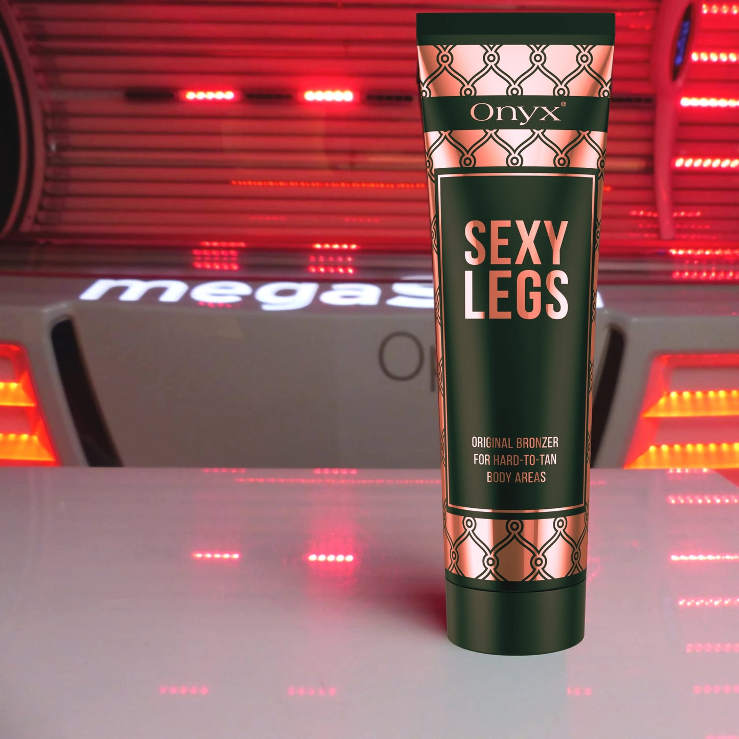 Onyx Sexy Legs Bräunungslotion auf Sonnenbank mit rotem Licht, perfekt für intensive Bräune an schwer erreichbaren Stellen wie Waden und Oberschenkeln