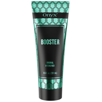 Onyx Tanning Booster Bräunungslotion 251 ml in türkis-schwarzem Design, freigestellt auf weißem Hintergrund zur Darstellung des Produkts