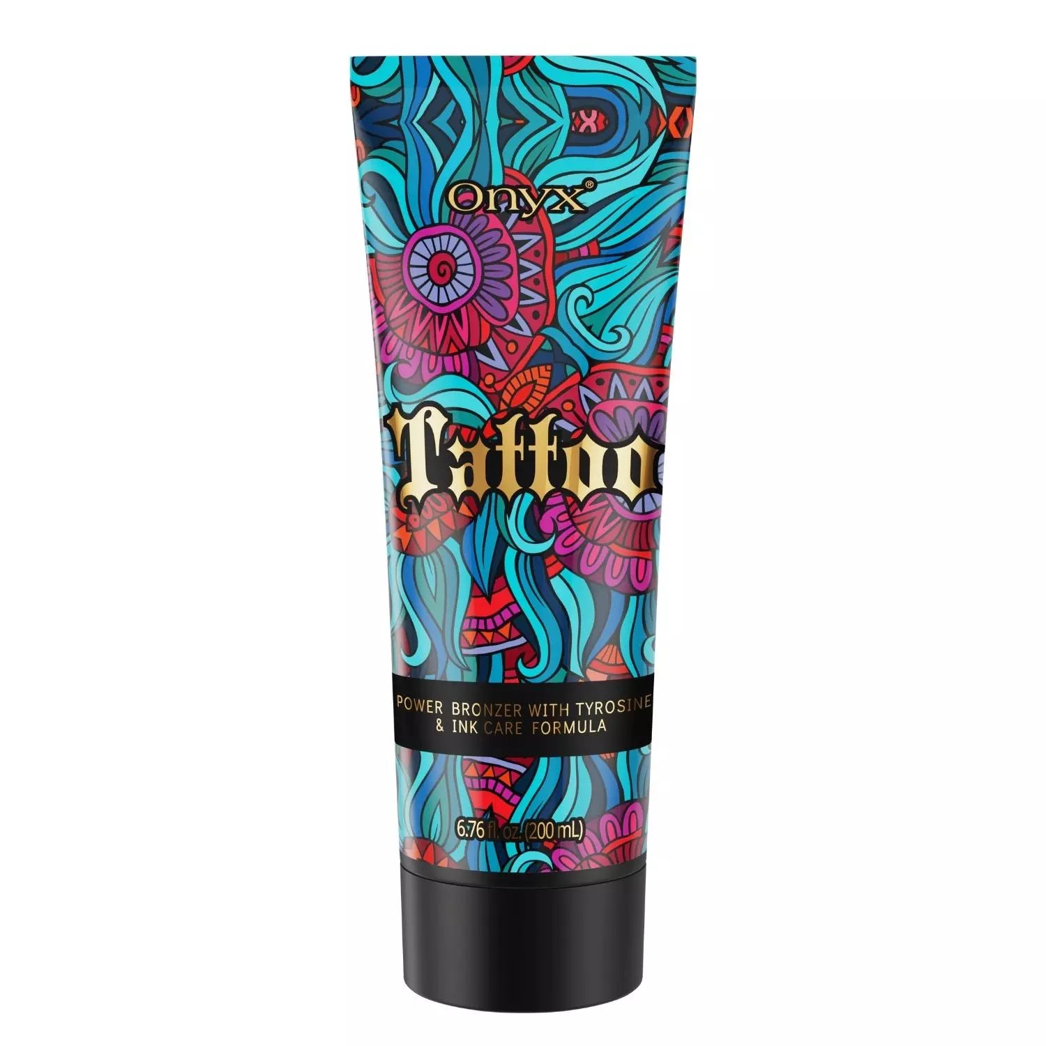 Tattoo-Bräunungslotion mit Tyrosin von Onyx, Produktabbildung auf weißem Hintergrund, ideal zum Schutz und zur Pflege tätowierter Haut beim Sonnen