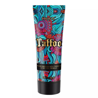 Tattoo-Bräunungslotion mit Tyrosin von Onyx, Produktabbildung auf weißem Hintergrund, ideal zum Schutz und zur Pflege tätowierter Haut beim Sonnen