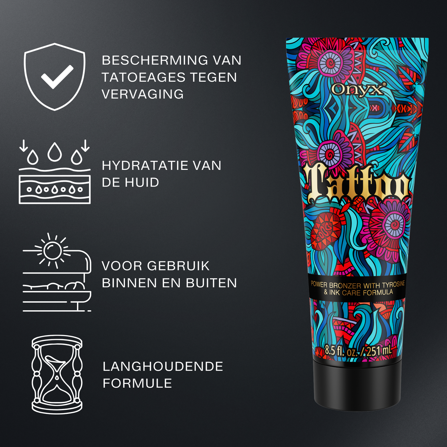 Onyx Tattoo Bräunungslotion mit Infografik zur Pflege von Tattoos, feuchtigkeitsspendend, geeignet für Solarium und Sonne