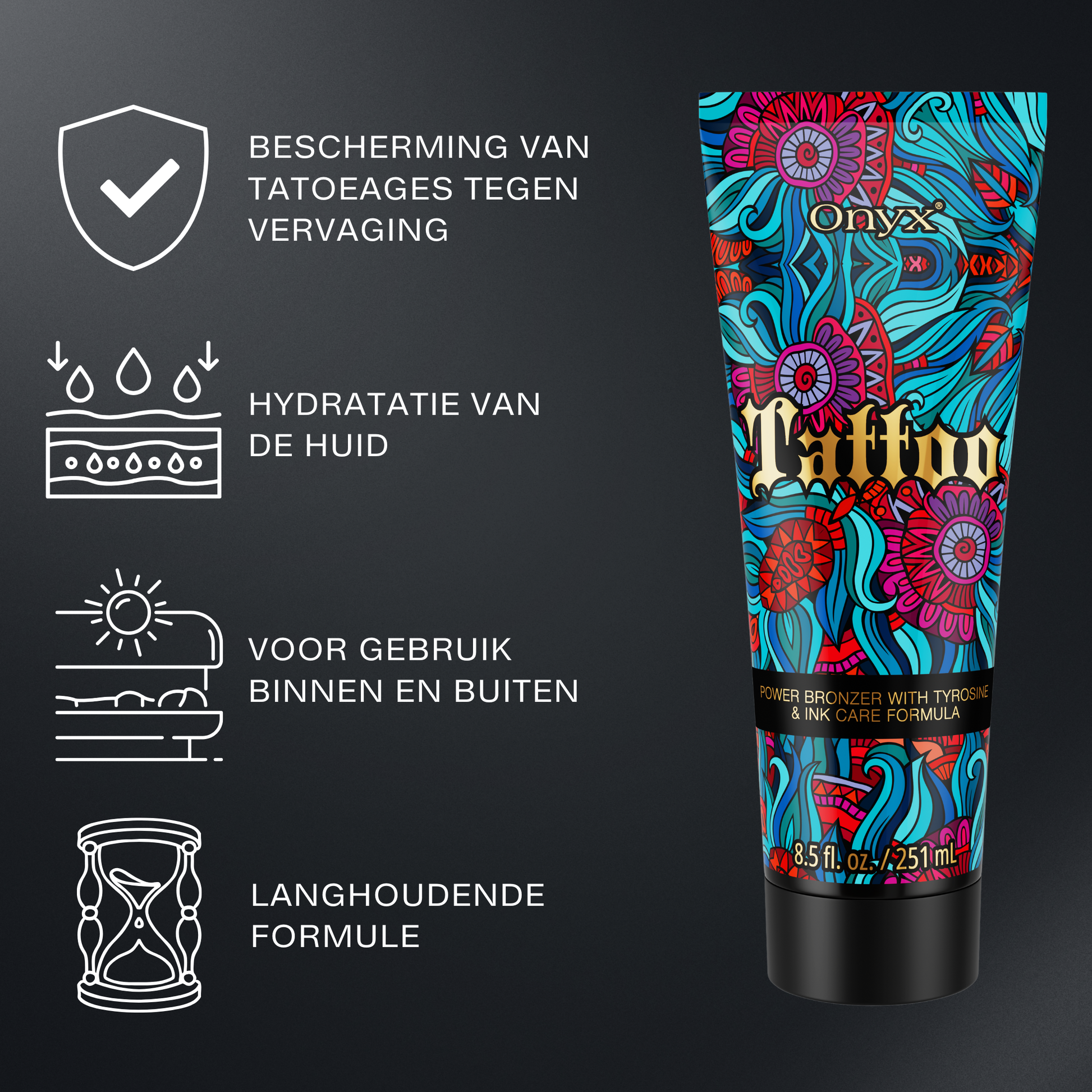 Onyx Tattoo Bräunungslotion mit Infografik zur Pflege von Tattoos, feuchtigkeitsspendend, geeignet für Solarium und Sonne