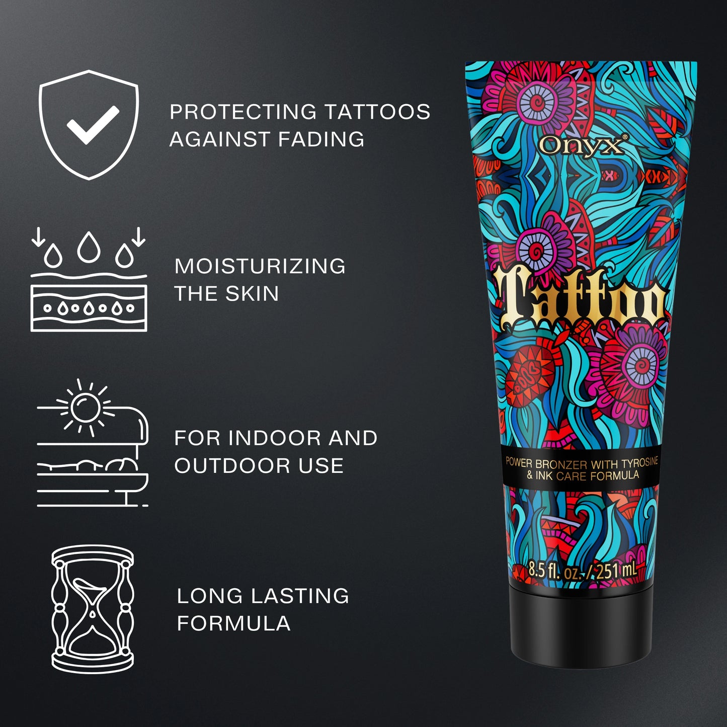 Onyx Tattoo Bräunungslotion mit Infografik zur Pflege von Tattoos, feuchtigkeitsspendend, geeignet für Solarium und Sonne