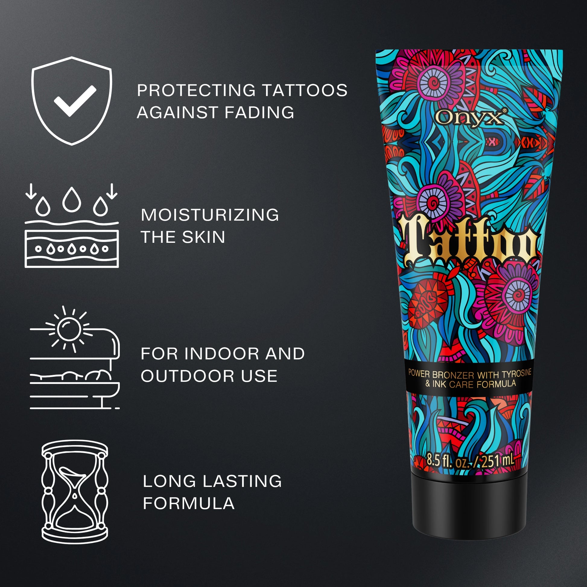Onyx Tattoo Bräunungslotion mit Infografik zur Pflege von Tattoos, feuchtigkeitsspendend, geeignet für Solarium und Sonne