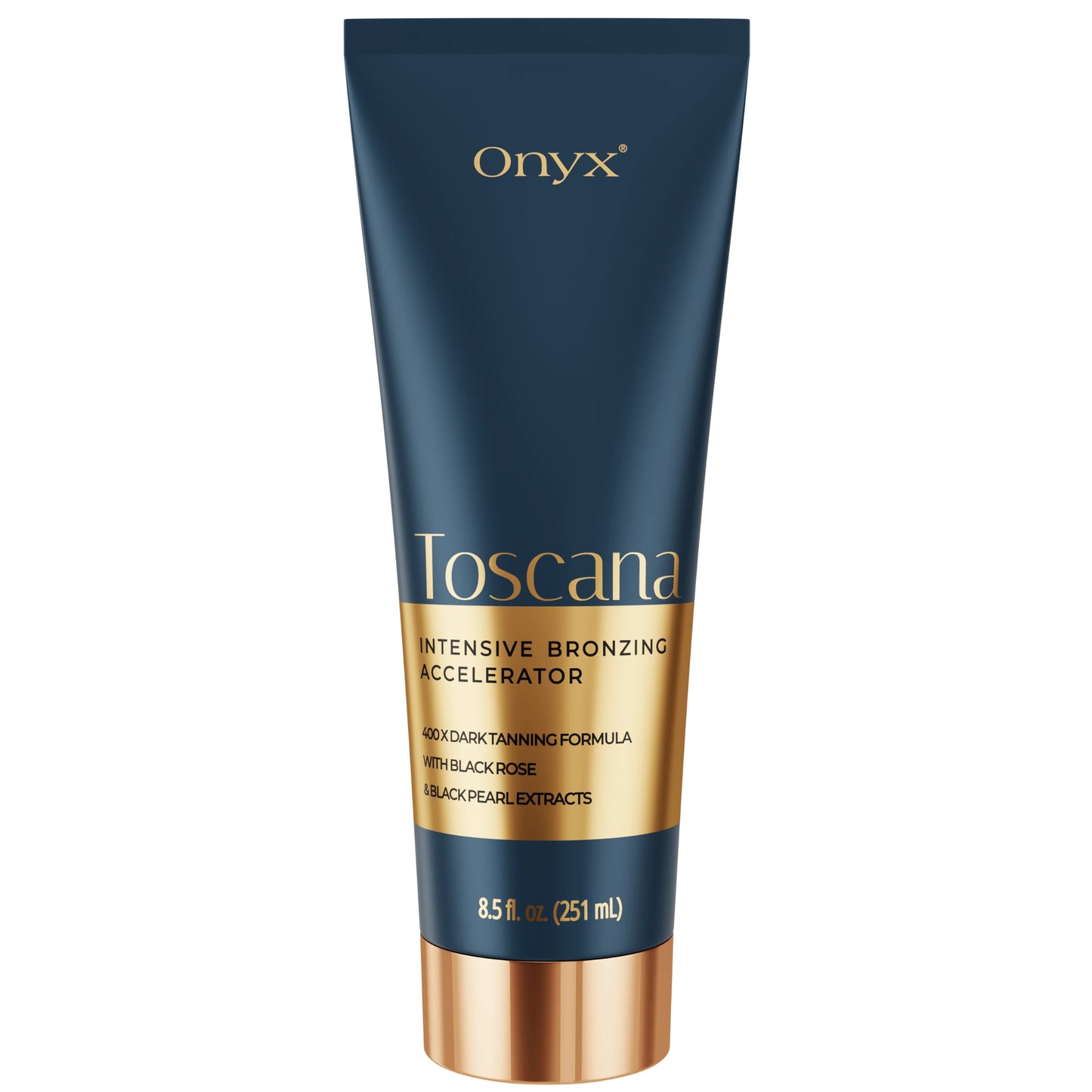 Produktbild der Onyx Toscana Bräunungslotion mit gold-schwarzem Design, 251 ml Tube