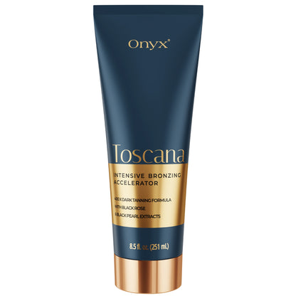 Produktbild der Onyx Toscana Bräunungslotion mit gold-schwarzem Design, 251 ml Tube