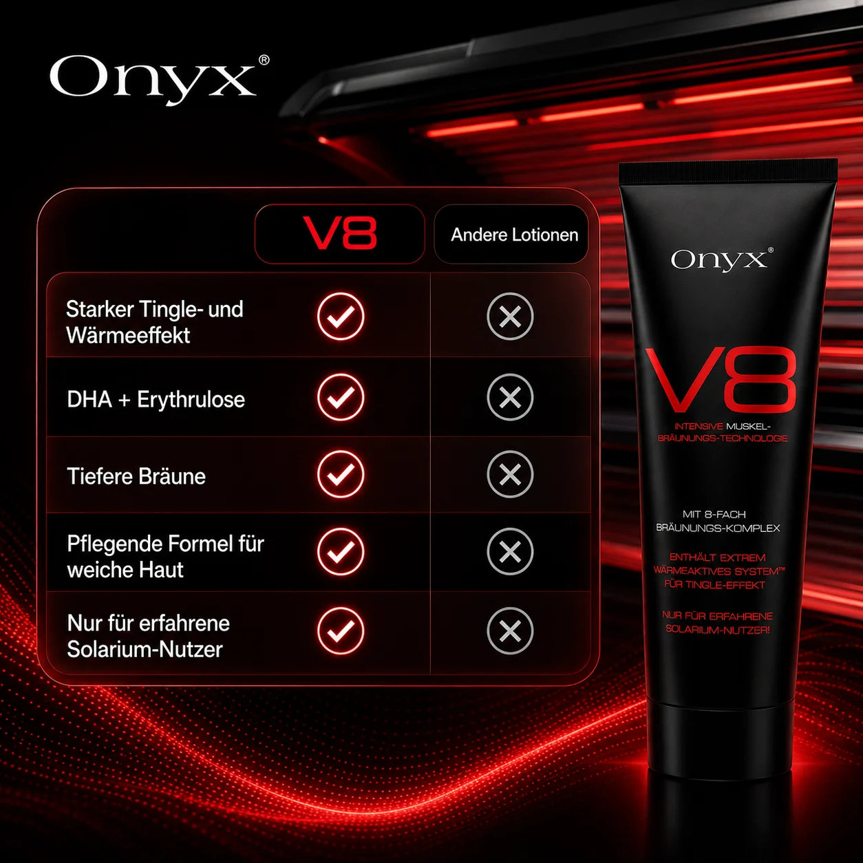 Onyx V8 Bräunungslotion neben einer Vergleichstabelle mit Merkmalen zum Tingle-Bronzer und den Formelvorteilen.