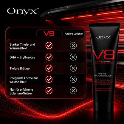 Onyx V8 Bräunungslotion neben einer Vergleichstabelle mit Merkmalen zum Tingle-Bronzer und den Formelvorteilen.
