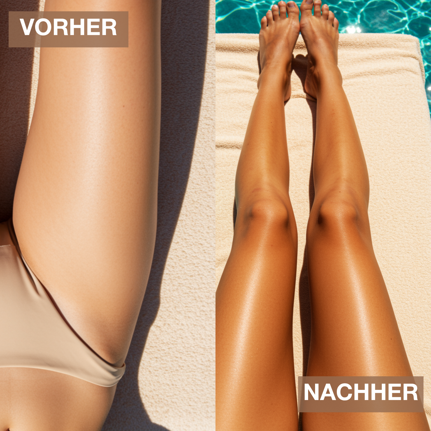 Vorher-Nachher-Ergebnis nach Anwendung von Onyx X-LEGS. Sichtbar dunklere, gleichmäßige Bräune und gepflegte Haut nach kurzer Zeit.