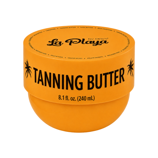 An orange jar of La Playa by Onyx Tanning Butter, 8.1 fl. oz. (240 mL), on a solid white background.